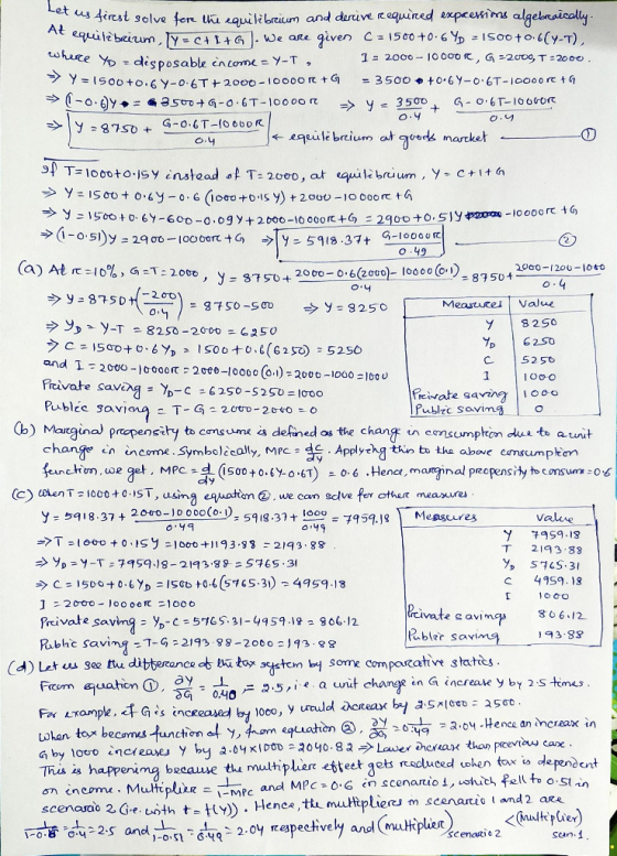 et us firest solve for the equilibrium and derive required expressions algebraically. equilabrium, ly=C+I+G). We are given C