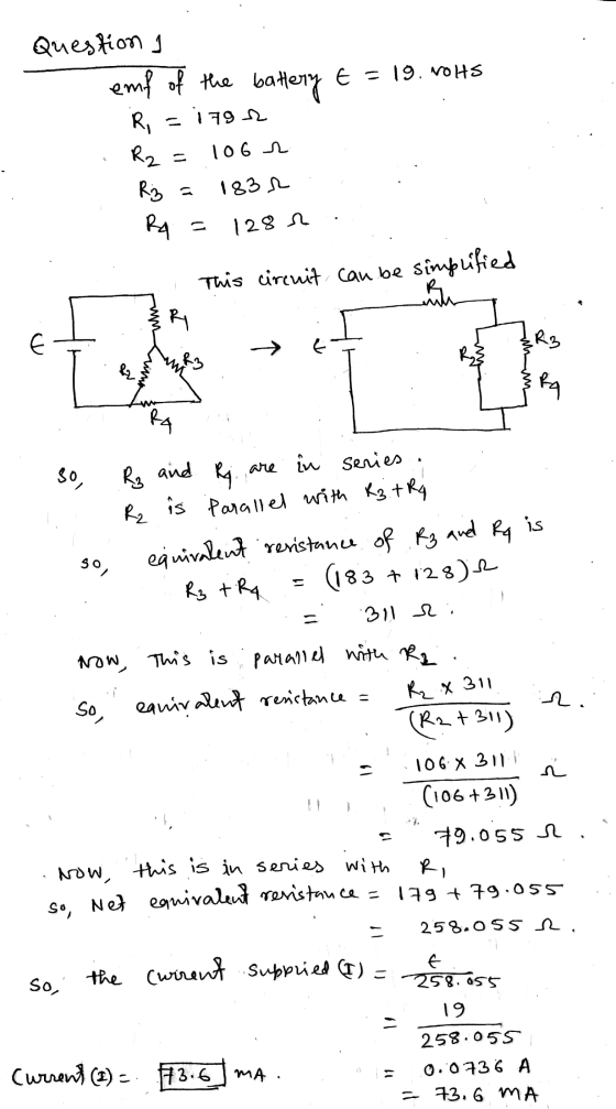 Question emf of the battery E = 19.00hs R, 19 2 R2= 106 2 183 R 1 Rz RA 128 2 This circuit can be simplified R .R -> &3 RA Rq