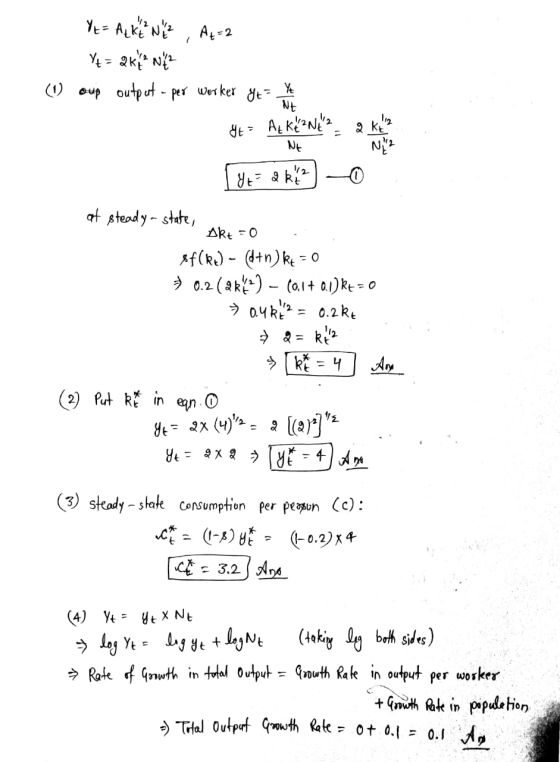 Y == Aki Nike , At=2 Y+= 2K1² NZ (1) oup output - per worker Yt - NE [de = 2 kk 2 o at steady-state, Akt = 0 sf (ke) - (d+n)