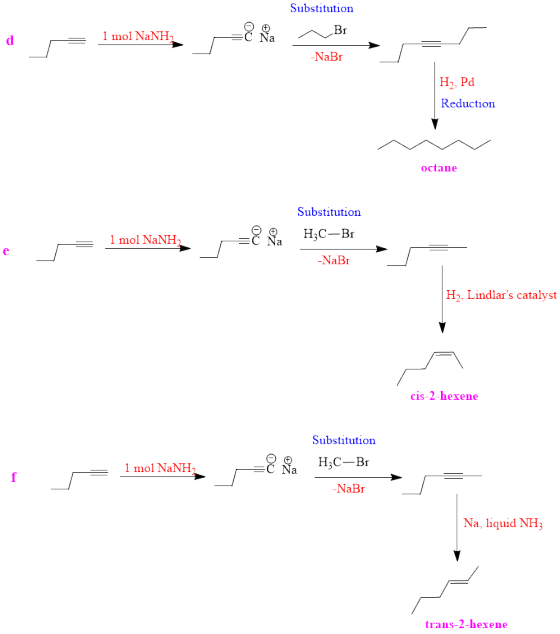 Substitution d = 1 mol NaNH; Na Br -NaBI H.Pd Reduction octane 1 mol NaNH 8 Substitution H3C-B1 -NaBr H, Lindlars catalyst c
