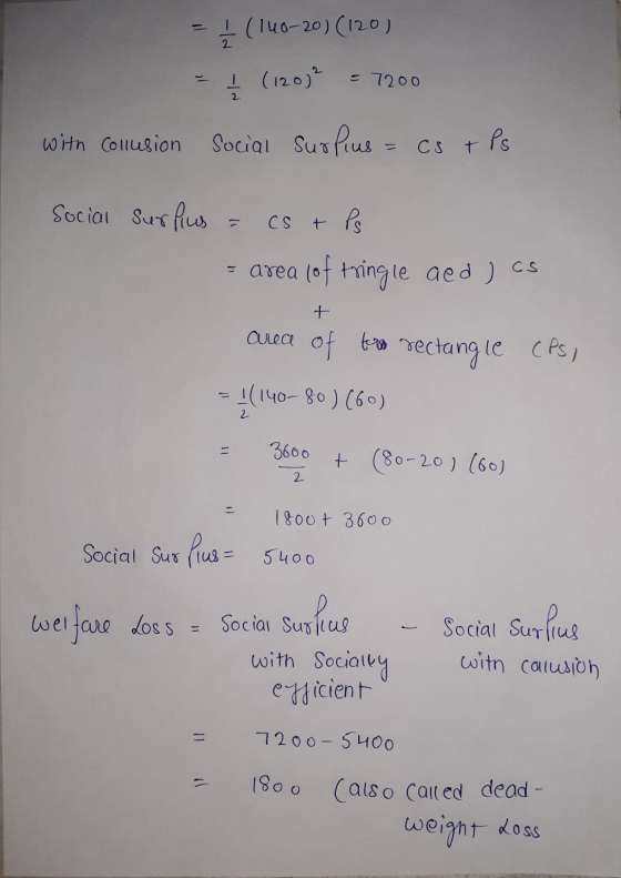 (140-20) (120) 2 (120)2 = 7200 2 with collusion Social Surplus = cs + Ps Social Surplus cs + Ps - area (of tringle aed ) cs +