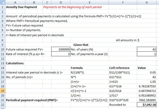 A B 1 Annuity Due Payment C D E Payments at the beginning of each period 2 8 3 Amount of periodical payments is calculated us