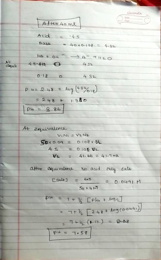 dasonate After 40 me Acid Bane - 45 - 40X0-108 - 4.32 At ou 45-4290 A +H20 432 Coul 0.18 o 4.32 P = 248 + log (43%18) - 2.48
