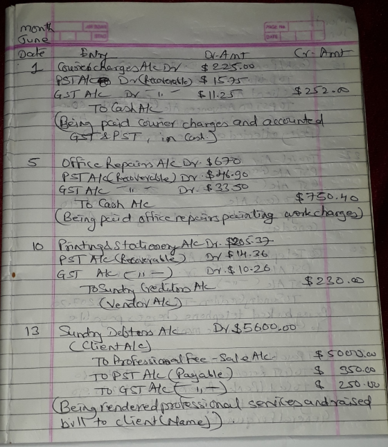 month June PAGEN DATE Dode Entry Ol-Ant Cr- Amt I Corunes charges Alcod. $225.00 ) PSTALO Dr Recoverable $15.75 - GST AL Dri
