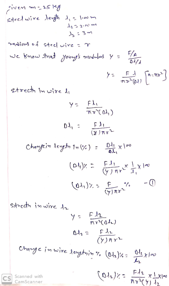 given me 25kg steed wire length to a locom 122.00m dz: 3m radious of steel wire =r we know that youngs modulous Y = F/A Deld