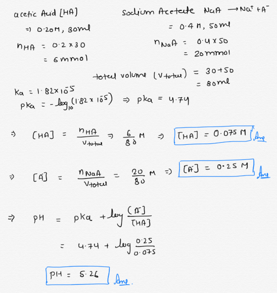 a cetic Auid [HA) Socium Aceteute NaA Nat tA 0-20M, 80m = 0.4 n, Som O 2x3 0 hНА - 20 mmol 6 mmo totl volume (vtot) 30+SD - 8