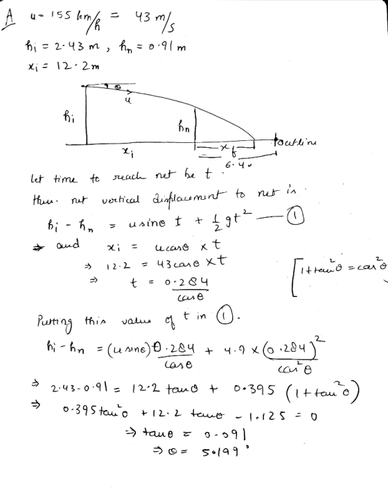 A u= 155 km/h = 43 m/s hi =2-43 m, h = 0.91m xi = 12. 2m 4w hn) I ti k e toutlina let time to reach net be t o then not verti