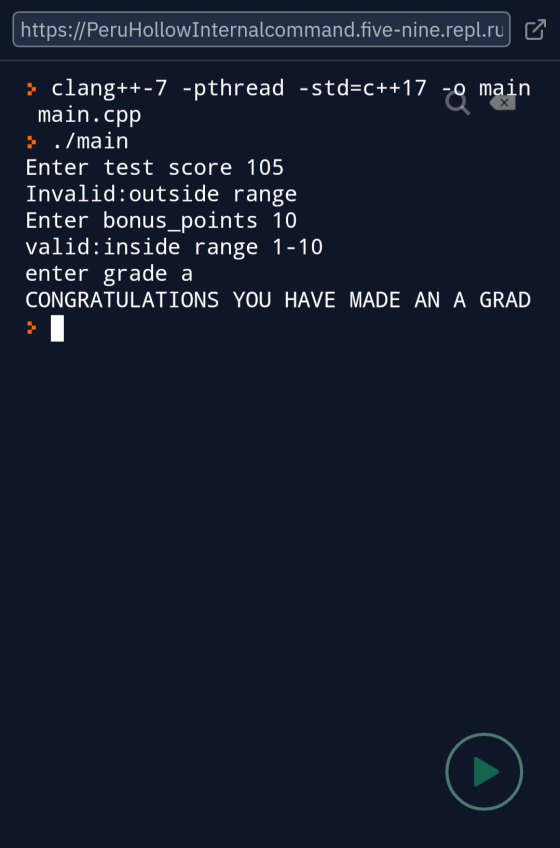 https://PeruHollowInternalcommand.five-nine.repl.ru o > clang++-7 -pthread -std=c++17 -o main main.cpp /main Enter test score