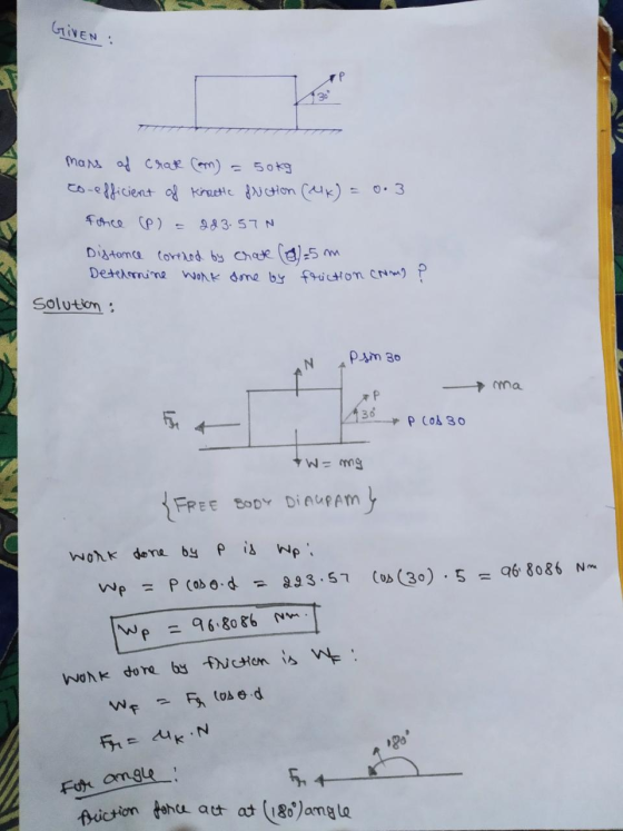 GIVEN : 3. mars at crate com - 50kg to efficient of kinetic friction (MK) = 0.3 force (P) = 283.57N Distance covered by crate