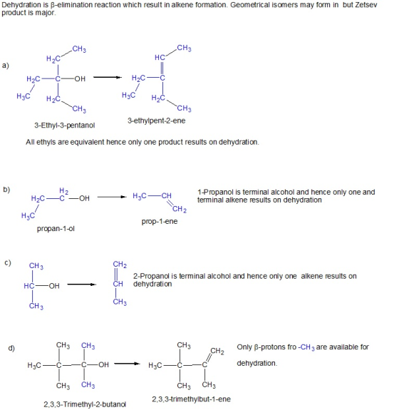 Dehydration is B-elimination reaction which result in alkene formation. Geometrical isomers may form in but Zetsev product is