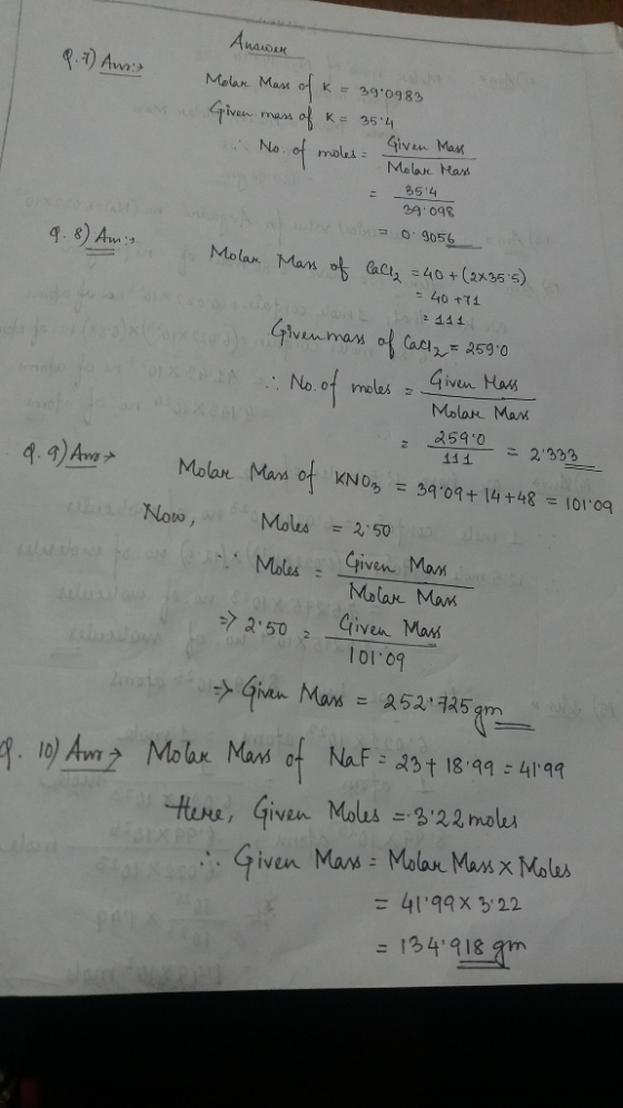(9- м.wc Maas of K-99.0g 8 3 jva Mas Molar Has No of moles 35 4 2 043 : 9056 Molar Mam ax35) 40 tti 441 No. of molas s Given