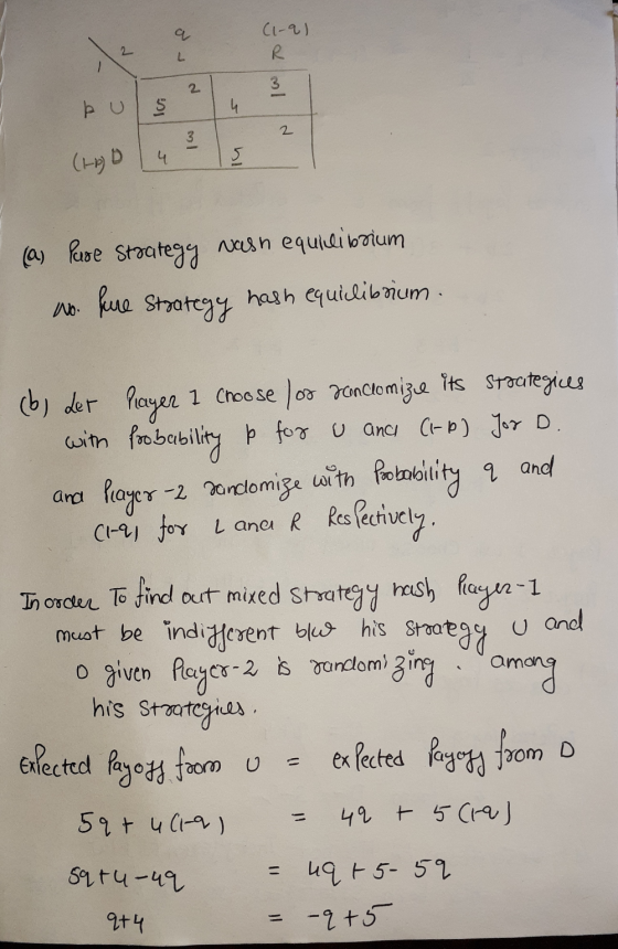 (1-9) l pulsu (1) D4?s ? (as Pure Strategy Nash equilibrium No fure strategy hash equilibrium. (b) der Player 1 Choose loo sa