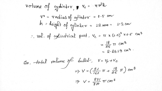 i Ve T2²h volume of cylinder, go= radius of cylinder h = height of sylinder 20.5 cm h 12 mm I.2 cm vol. of cylindrical part,