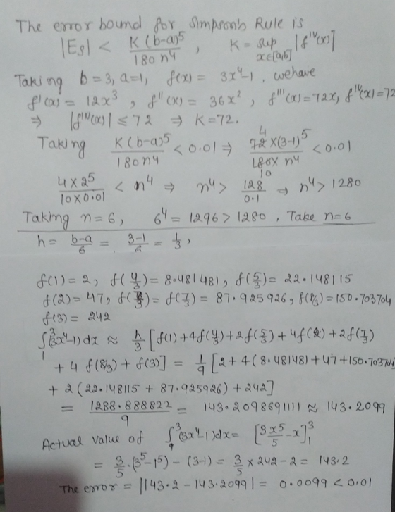 K (b-a75 180n4 K-sup 1 flexes xclub The error bound for Simpsont Rule is Esl < Taking b=3, A=1 f(x)= 3x1, we have flex) = 12