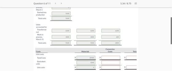 Question 6 of 11 < 5.34/8.75 III 9240 March 1 Started into production Total units 9240 Units accounted for Transferred 6240 6