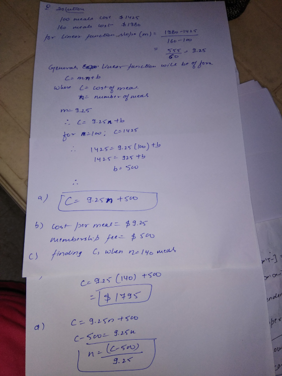 Solution Cost oo meals 160 meals $1425 $1980 Cosi 1980-1425 for linear function slo/e (m) = 160-100 555 9.25 General Espo. Li