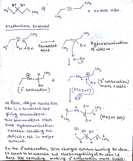 t excess HBr. Mechanism proposed ch Concerted step. ? Bir Hydrobromination .. of alkene Hiery M t ... (2 carboeation.) I nTop