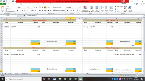 Journal entry - Microsoft Excel (Product Activation Failed) - 2 X View - x Dr General Wrap Text Merge & Center - WD $ - % 8 .