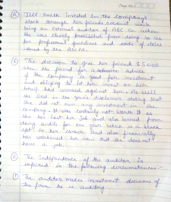 DO0 Page Ne. Tell Smith investeel ins the empanys piends accaurit stock thraugh her unile ABC Co uhen being an exte1nal audit