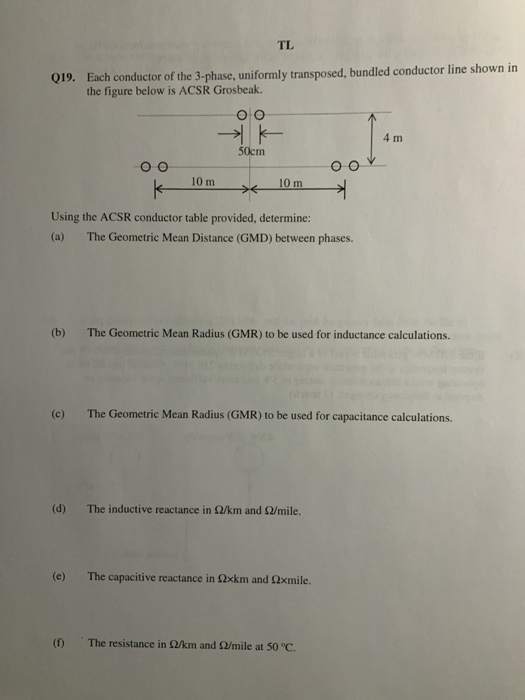 TL Q19. Each conductor of the 3-phase, uniformly transposed, bundled conductor line shown in the figure below is ACSR Grosbea