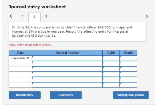 Journal entry worksheet < 1 On June 30, the company lends its chief financial officer $48,000; principal and interest at 5% a