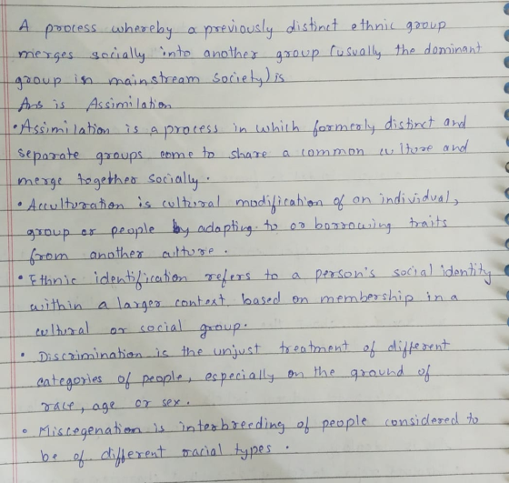 A process whereby a previously distinct ethnic group merges socially into another group (usually the dominant group in mainst