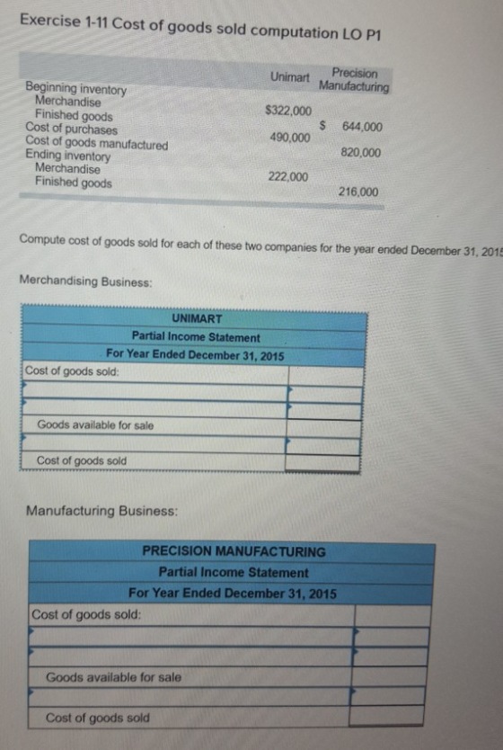 Exercise 1-11 Cost of goods sold computation LO P1 Beginning inventory Merchandise Finished goods Cost of purchases Cost of g
