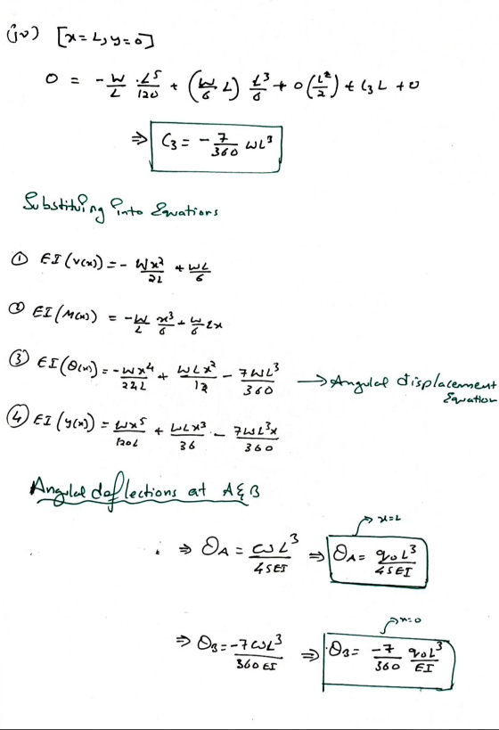 ů) [x=2; y=0 + (2) $*+0 (4) 134 70 120 C3= - 27 20 WEB Substituing into Ervations O EI (V(x)) =- Ww? W x 2 + L ☺ EI (MCM)) 23