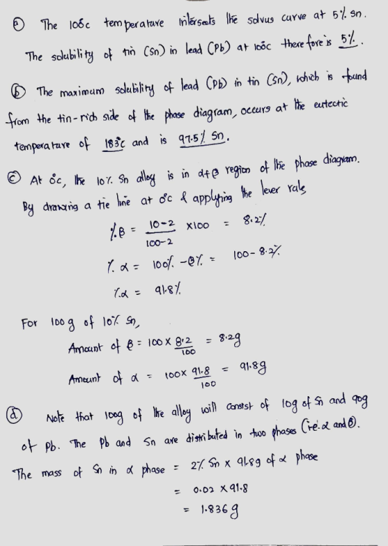 © The loốc temperature milerseets the savus curve at 5% sn. - The solubility of tin (sn) in lead (Pb) at looc there fore is 5