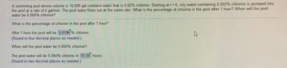A swimming pool whose volume is 10,000 gal contains water that is 0.02% chlorine. Starting at city water containing 0.002% ch