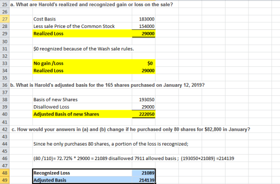25 a. What are Harolds realized and recognized gain or loss on the sale? Cost Basis Less sale Price of the Common Stock Real