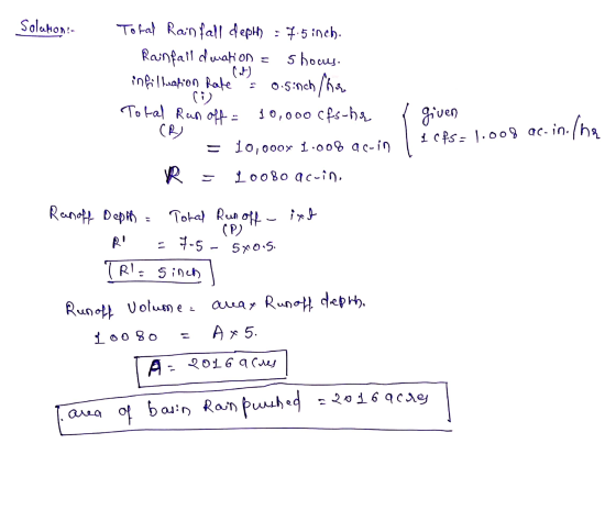 Solution- Toral Rainfall depth = 7.5 inch. Rainfall duation = shocus. infil heation Rate: 0.5inch he Total Ran off = 10,000