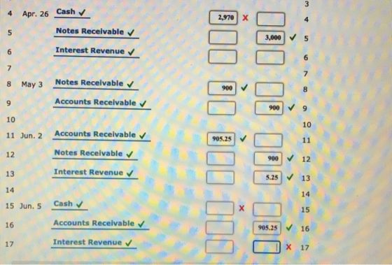لعبة 4 Apr. 26 Cash 2,970 X 5 Notes Receivable 110 3,000 5 6 Interest Revenue 6 7. 8 May 3 Notes Receivable 900 8 9 Accounts
