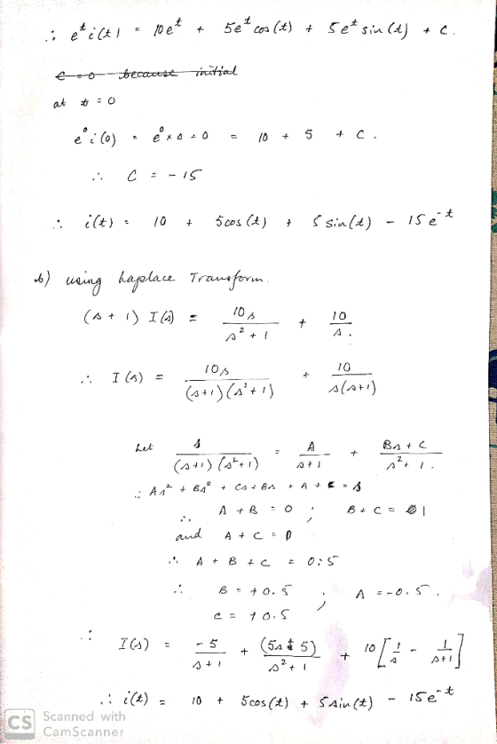 :etiti 10et + 5e + cos (t) + 5 et sin (t) + C. because initial ei(0) exo=0 10 + 5 + C. C-15 . ilt) 10 + 5 cos (at) + s sin(t)