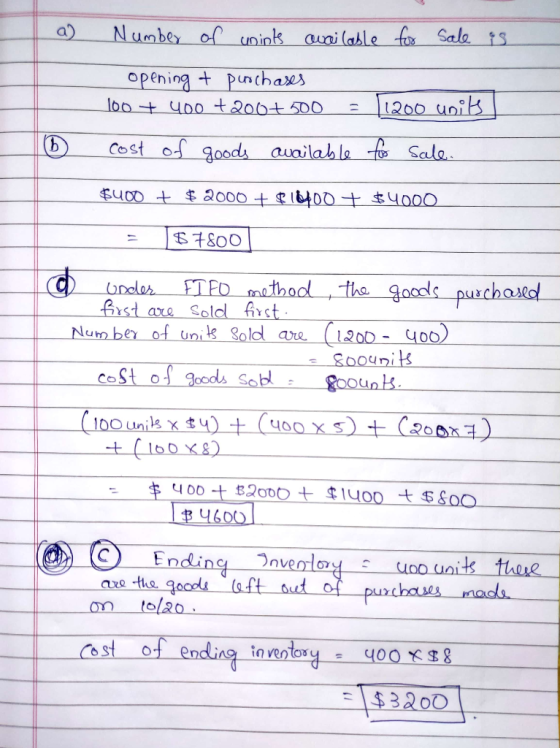 Number of unins auni (ablLe for SaloS opening punchaes loo 400 +200t 50O 1200 uoik Cost of goodi aunilab le tes Sala $UOD t$a
