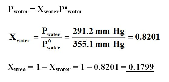 water Awater water 291.2 mm Hg = 0.8201 355.1 mm Hg Xwater Water water uueal1-Xwater - 1-0.82010.1799