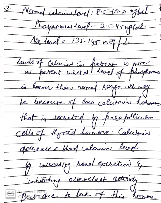 3. Normal celain level : 8.5-10.2 rybel Phosphorous Level-2.5-4 rngfah Na level = 135-145 mEq/L Louds of Calin in hatent is m