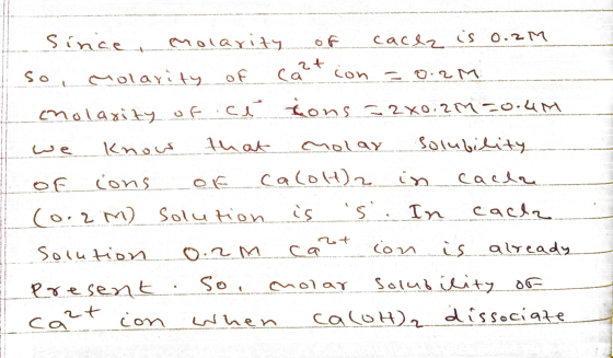 Since molarity of cacle is 0.2M so molarity of cat con = 0.2M molarity of .ce tons = 2x0.2M=0.4m we know that Molay solubilit