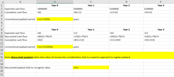 1 Year o Year 1 Year 2 Year 3 2 Expected cash flow 3 Cumulative cash flow -6000000 =B2 2400000 =B3+C2 5100000 =C3+D2 2100000