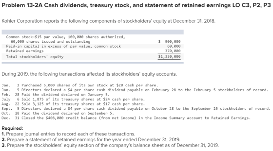 Problem 13-2A Cash dividends, treasury stock, and statement of retained earnings LO C3, P2, P3 Kohler Corporation reports the