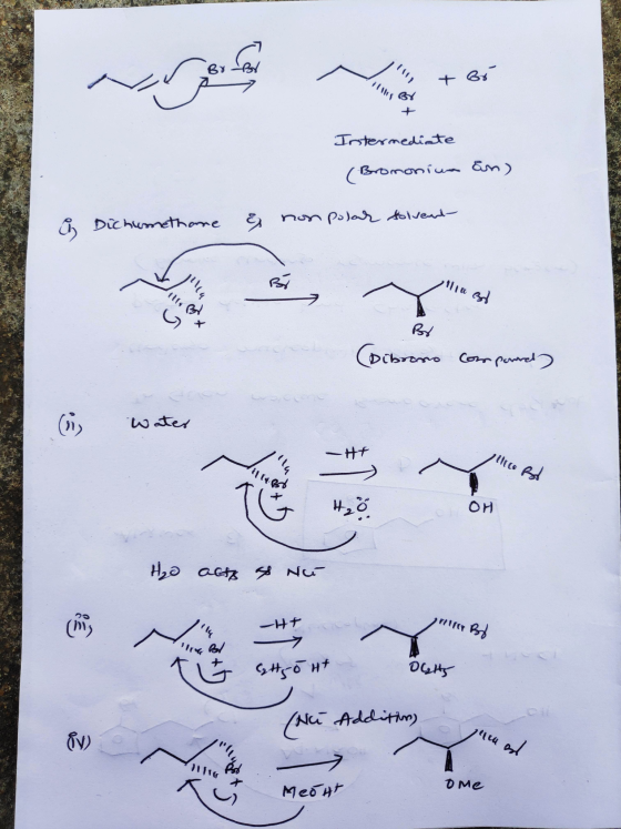 11 + bi t Intermediate (Bromoniwa an) ů Dich methane && non polar solvent- 111a 3d Bo (Dibrano Corpound ( Water -He llico 11