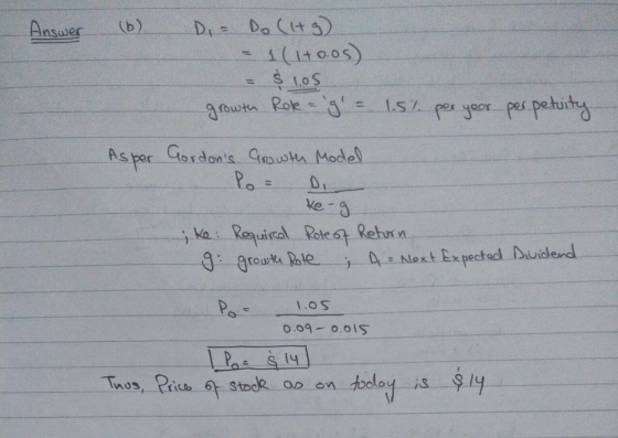 Answer (6) Di - Do (Itg) = 1(1+0.05) = $ 105 growth Rok = g = 1.5% per year perpetuity Asper Gordons Growth Model Po Di Ke