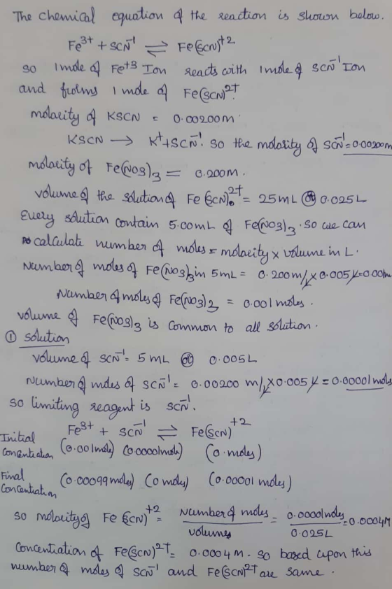 The chemical equation of the reaction is shown below. - Fe3+ + SCÃ Fe Scrust2 . so Imole of Fet3 In reacts with indle of scñ