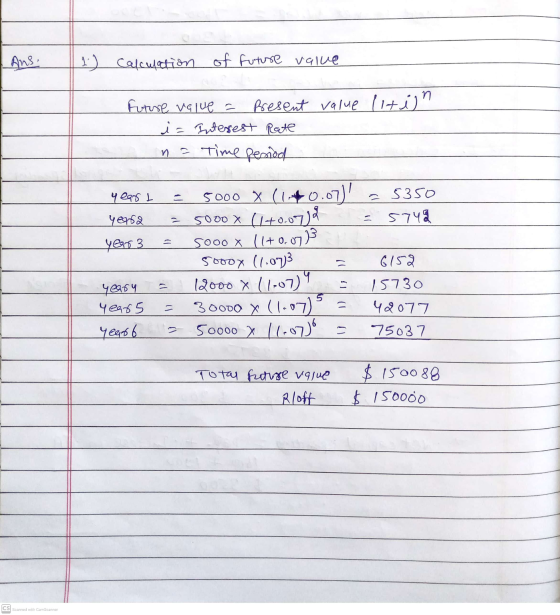 Ans: 1) Calculation of future value Future value - Bresent Value litin i= Interest Rate n = time period ч Yeart 5350 yeara 57