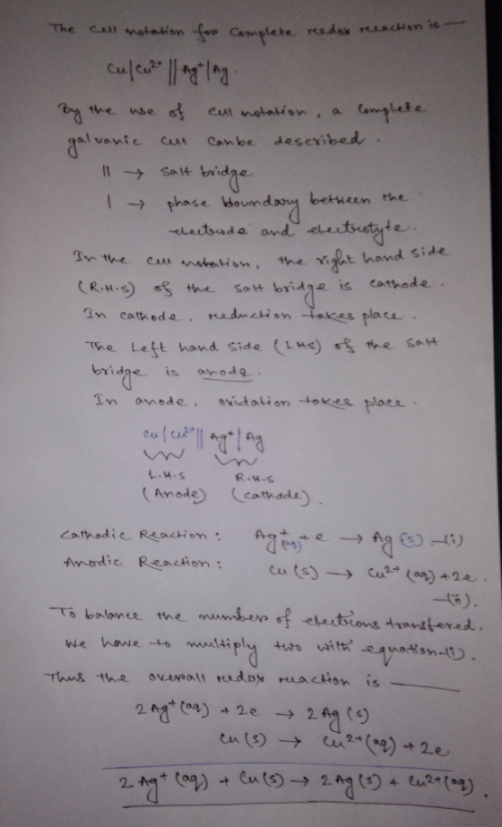 The call notation for Complete reedox reeaction is By the CU Canbe use of cul notation, a complete galvanie described 11 Salt