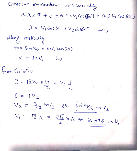 Corserve momentum horizentaly 6.8 x 3t o = 0-3K Vi Cod (Zo) -t O.3 V Cos (o 30 +V2 o3b0 3 Vi vlng vetaly m v2 Sin6o) m Vi Si