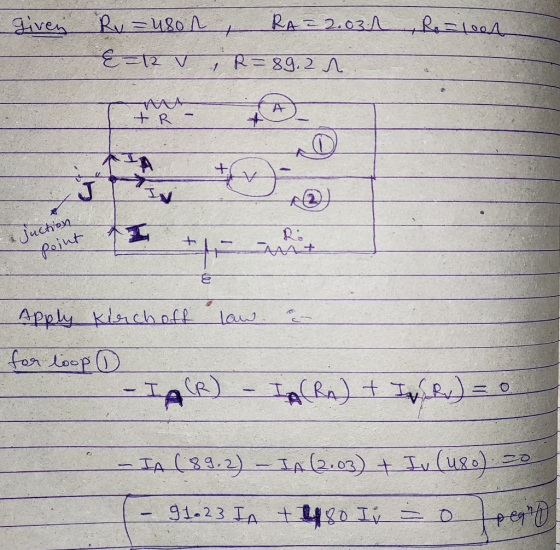 given , Ro=loon Ru=uson , RA=2.03.1 E=12 V , R=89.2 AA + R A 0 Juction point ALA Apply Kirchoff law. for loop - IA(R) - IA(RA