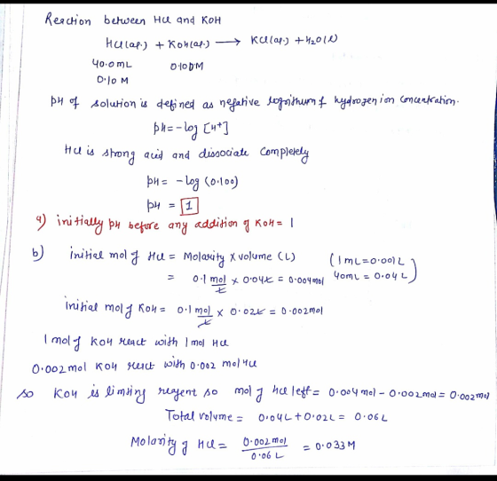 Reaction between Hu and KOH Hulap.) + Koncol.) → kullap) + 42010) 40.0mL O ODM DVOM pH of solution is defined as negative leg