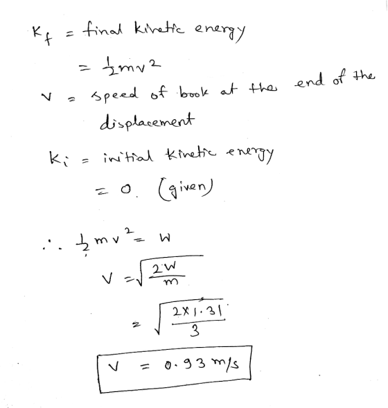 kt end of the final kinetic energy {mva speed of book at the displacement initial Kinetic energy =o (given) พ & mv²= 2. W v 2