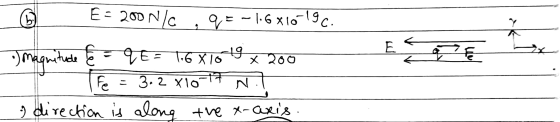 6 E = 200 N/a QE -1.6x10-19 11 ع ng E que X 200 .) magnitude qE= 1.6 x 10 Fe - 3.2 X10 :) direction is along the x-axis. N. -